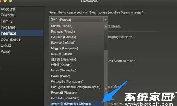 语言选择界面示意图